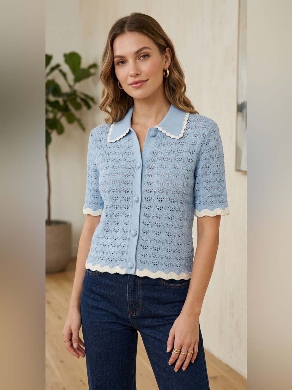LOVAAN Delphine Knit Collared Button Top Blue Cotton Crochet Scalloped S